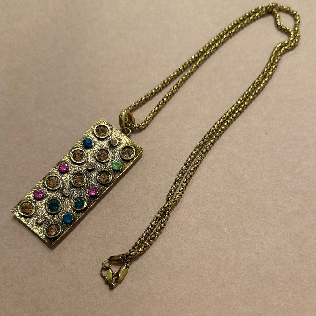Fabulous Goldtone Rectangular Pendant Necklace With Multicolor Colorful Stones